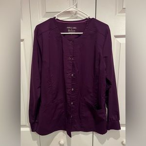 Women’s purple Healing Hands scrub jacket, size large.